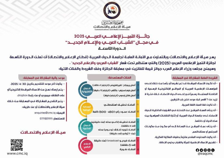 رئيس هيأة الإعلام والاتصالات يدعو المؤسسات والأفراد للترشح لجائزة التميز الإعلامي العربي