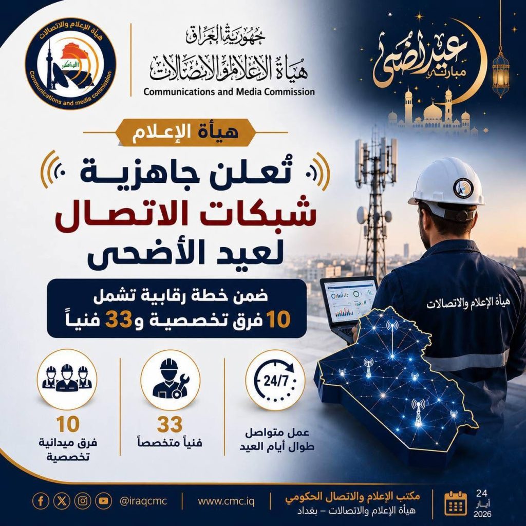 هيأة الإعلام تُعلن جاهزية شبكات الاتصال لعيد الأضحى ضمن خطة رقابية تشمل 10 فرق تخصصية و33 فنياً